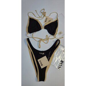 SAME Los Angeles Swim Bikini Set 2Pc Triangle Top XL High Weist Bottom L Black